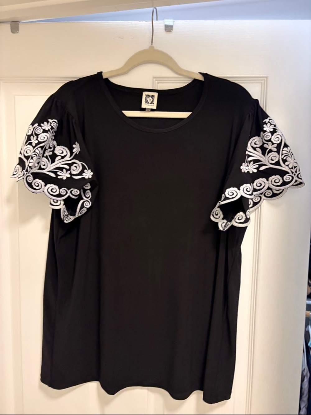 Anne Klein Black Top with White Embroidered Flutter Sleeves